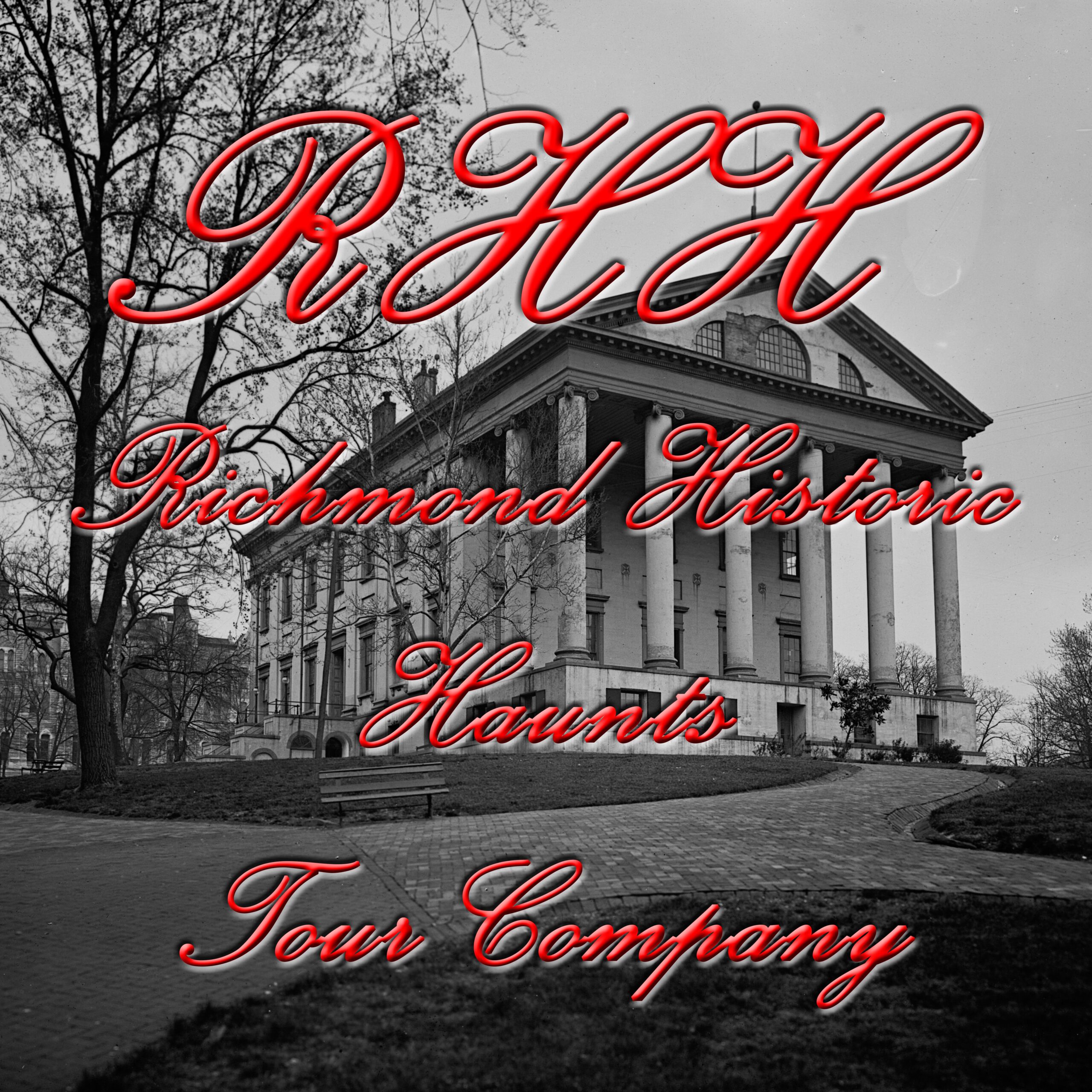Richmond Historic Haunts logo over a black-and-white image of a historic Richmond building