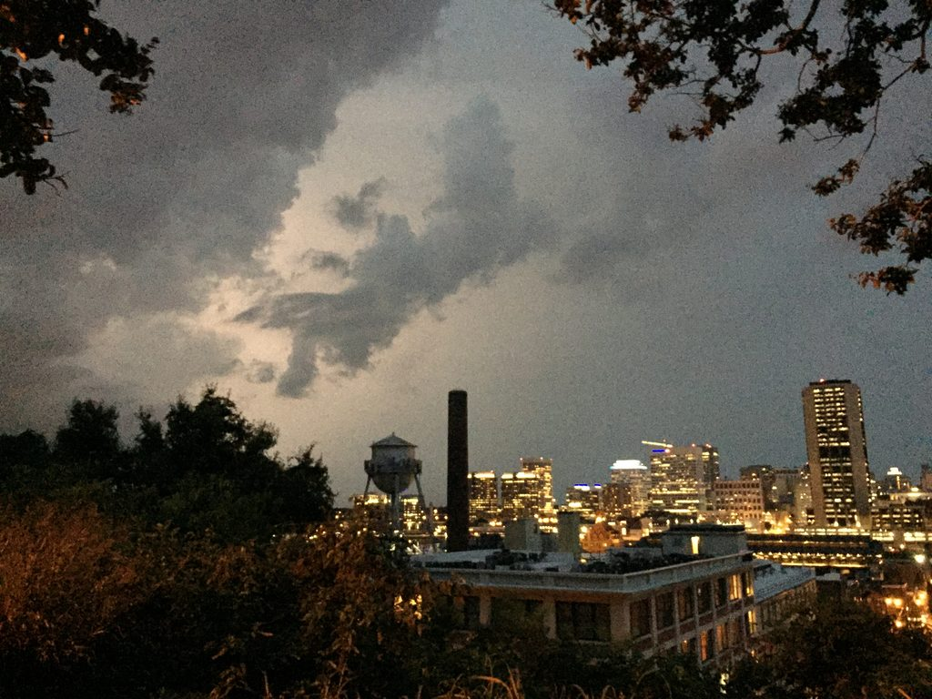 Downtown Richmond beneath dramatic clouds, viewed from Libby Hill